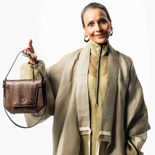 Afra Yasmin X Winklmayr — Dark Brown African Ostrich Leg Leather Shoulder Bag with Adjustable Strap