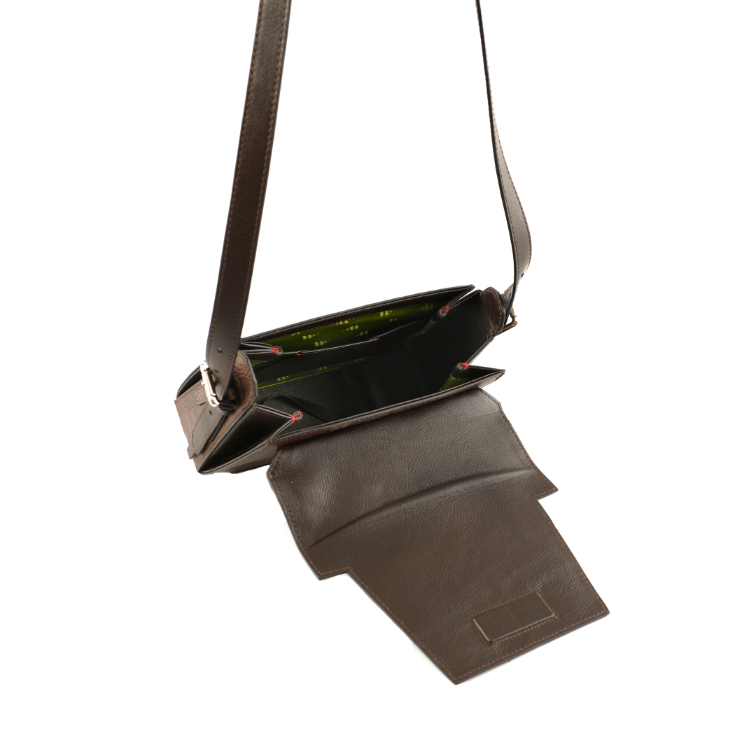 Afra Yasmin X Winklmayr — Dark Brown African Ostrich Leg Leather Shoulder Bag with Adjustable Strap