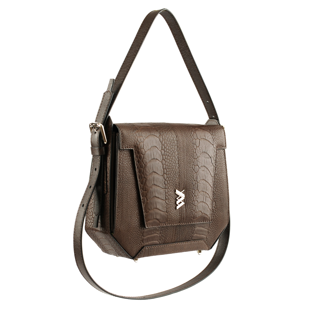 Afra Yasmin X Winklmayr — Dark Brown African Ostrich Leg Leather Shoulder Bag with Adjustable Strap