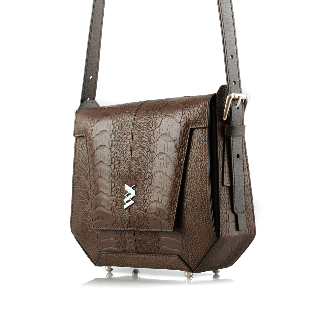 Afra Yasmin X Winklmayr — Dark Brown African Ostrich Leg Leather Shoulder Bag with Adjustable Strap