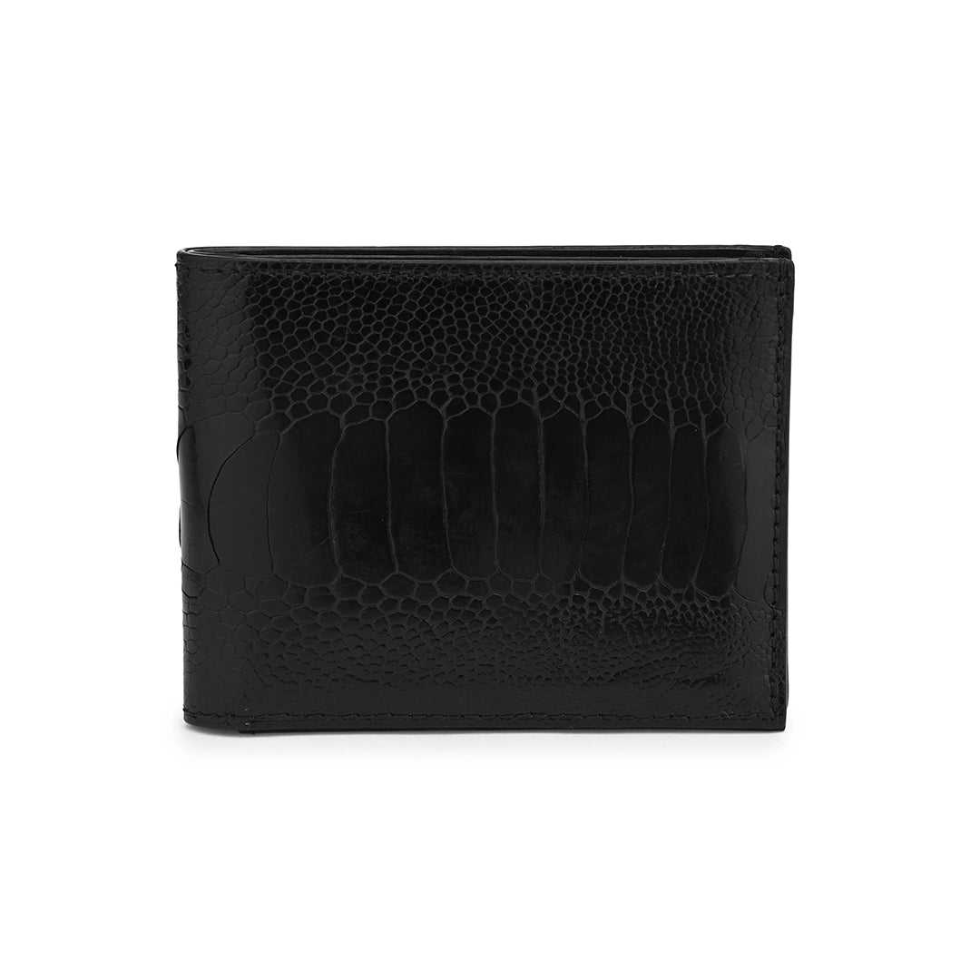 A black bi-fold wallet made of ostrich leg leather with a textured pattern, featuring card slots and a cash compartment.