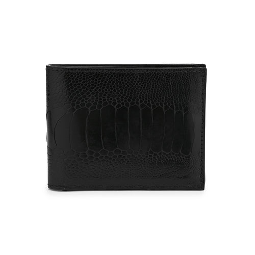 A black bi-fold wallet made of ostrich leg leather with a textured pattern, featuring card slots and a cash compartment.