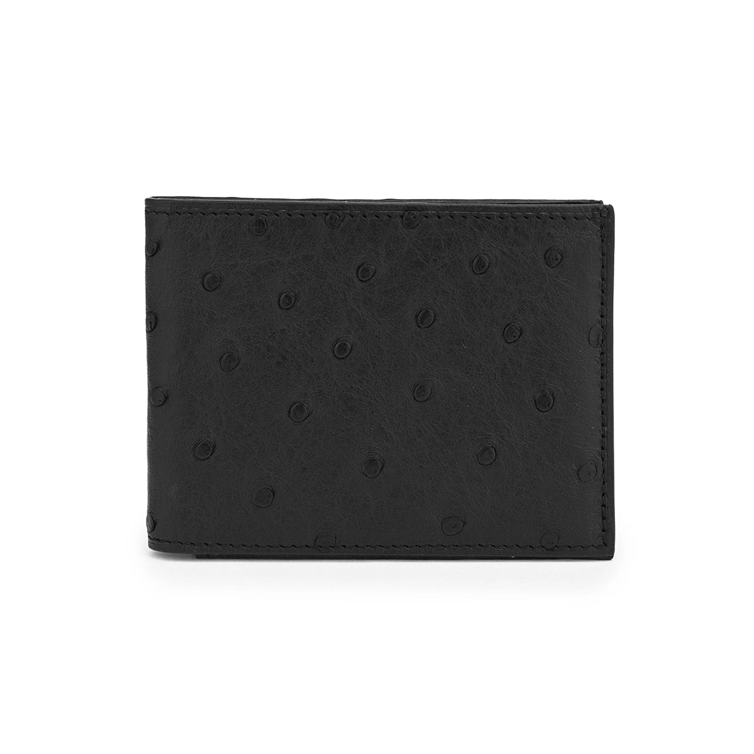 A black bi-fold wallet made of leather with a textured pattern and a visible logo embossed on the front.