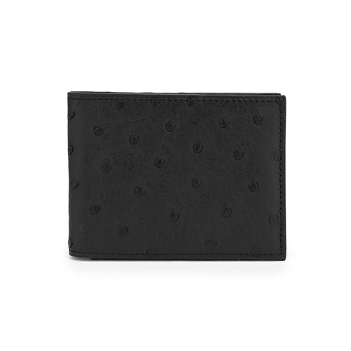 A black bi-fold wallet made of leather with a textured pattern and a visible logo embossed on the front.