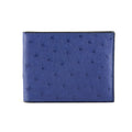 A blue bi-fold wallet made of ostrich quill leather with a sleek design and compact dimensions.
