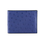 A blue bi-fold wallet made of ostrich quill leather with a sleek design and compact dimensions.