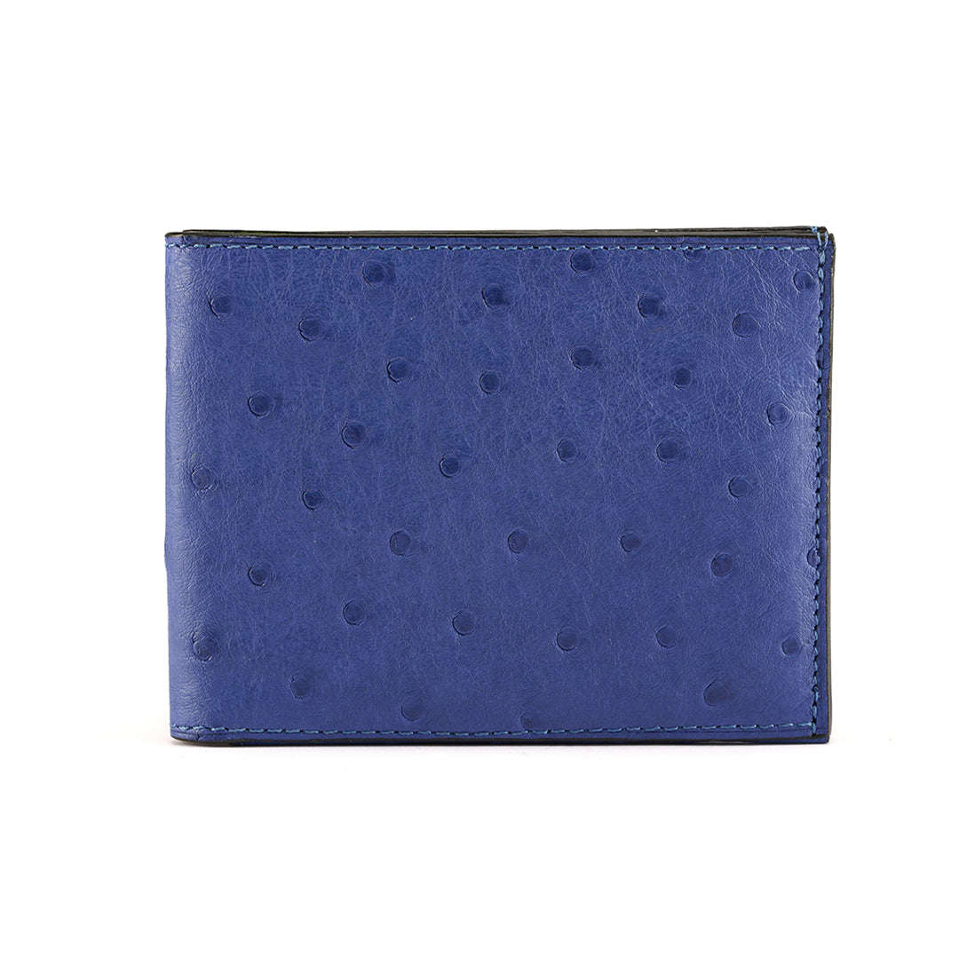 A blue bi-fold wallet made of ostrich quill leather with a sleek design and compact dimensions.