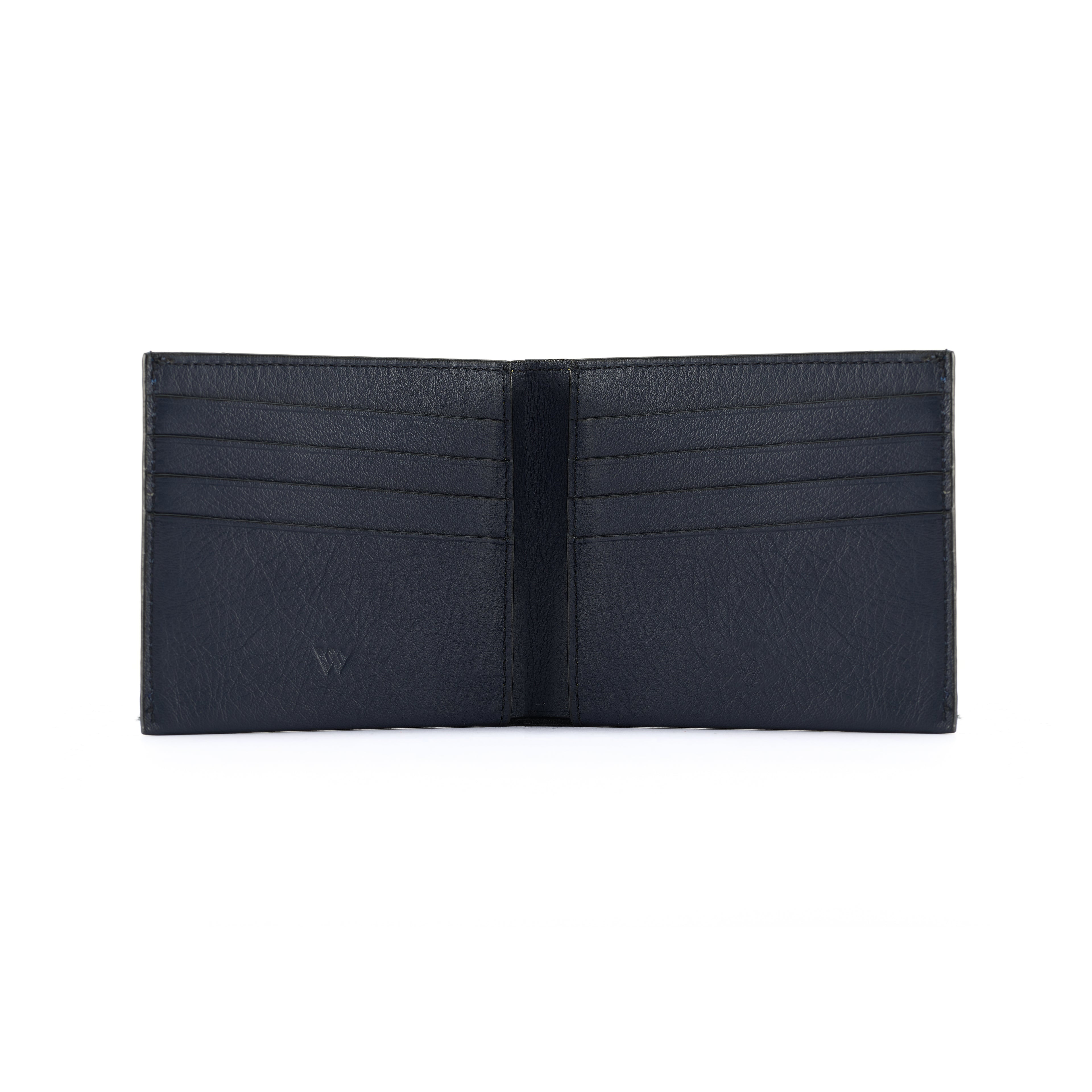 Black leather wallet open on a white background
