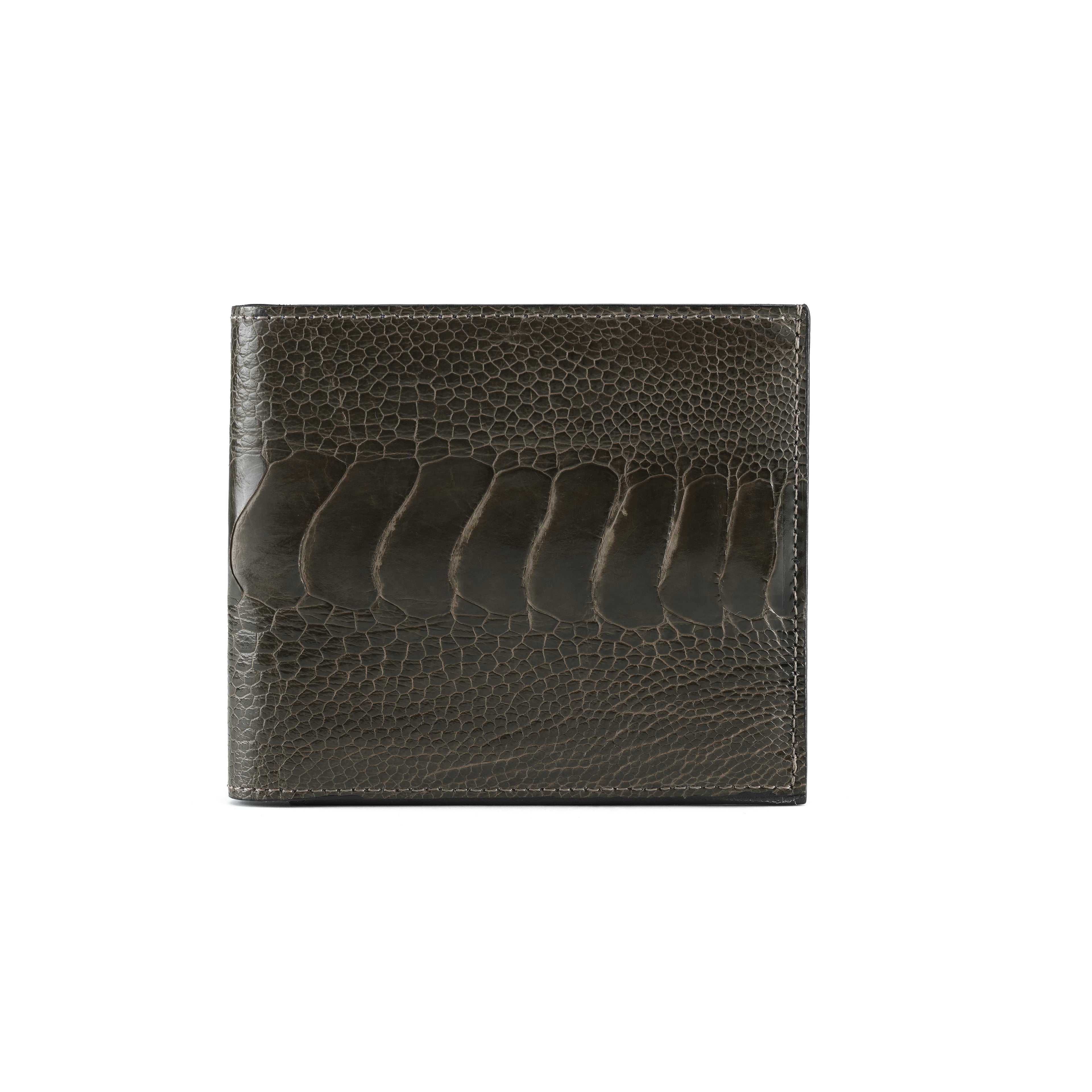 Dark brown leather wallet with embossed design on a white background