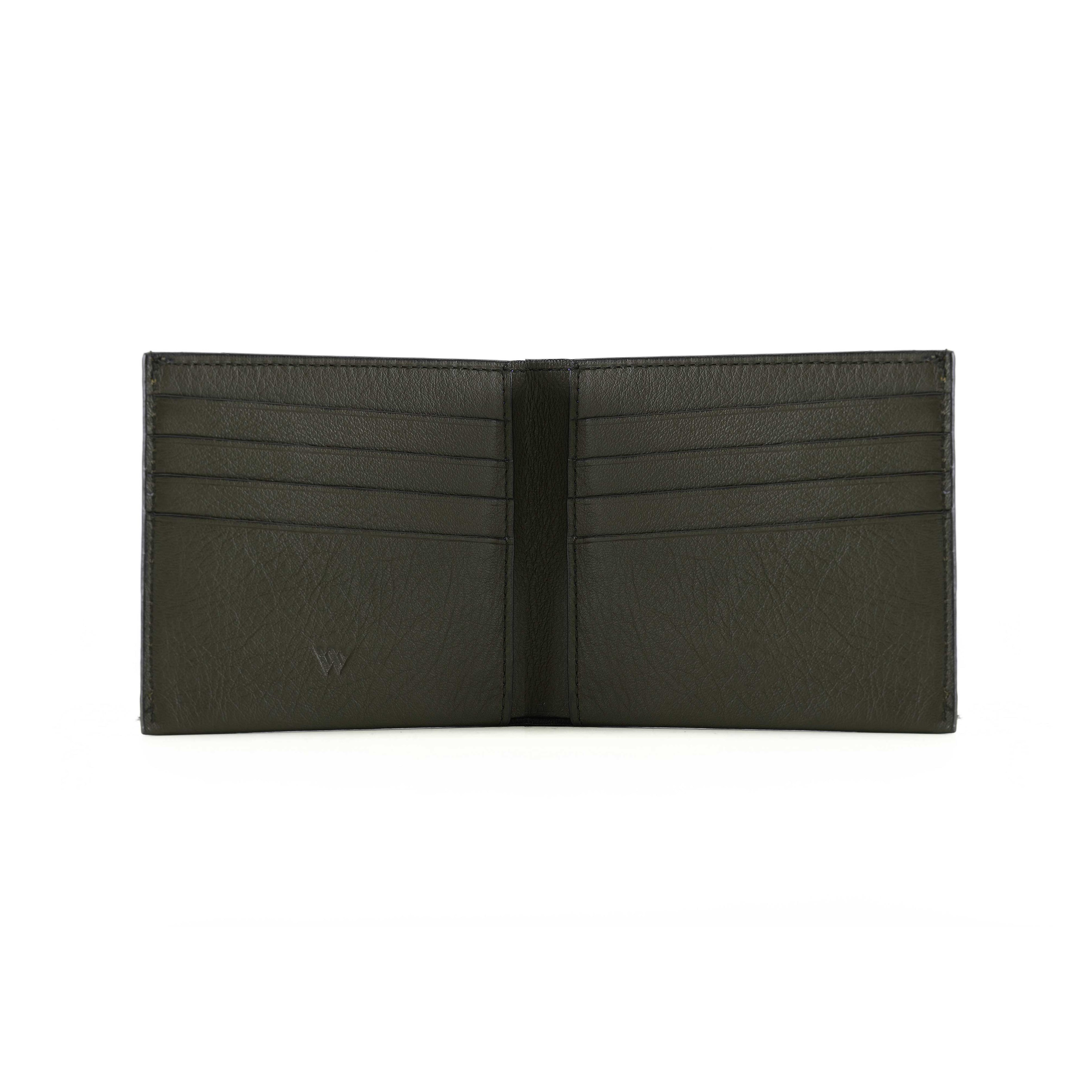 Black leather wallet open on a white background