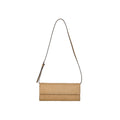 Beige clutch bag with a strap on a white background