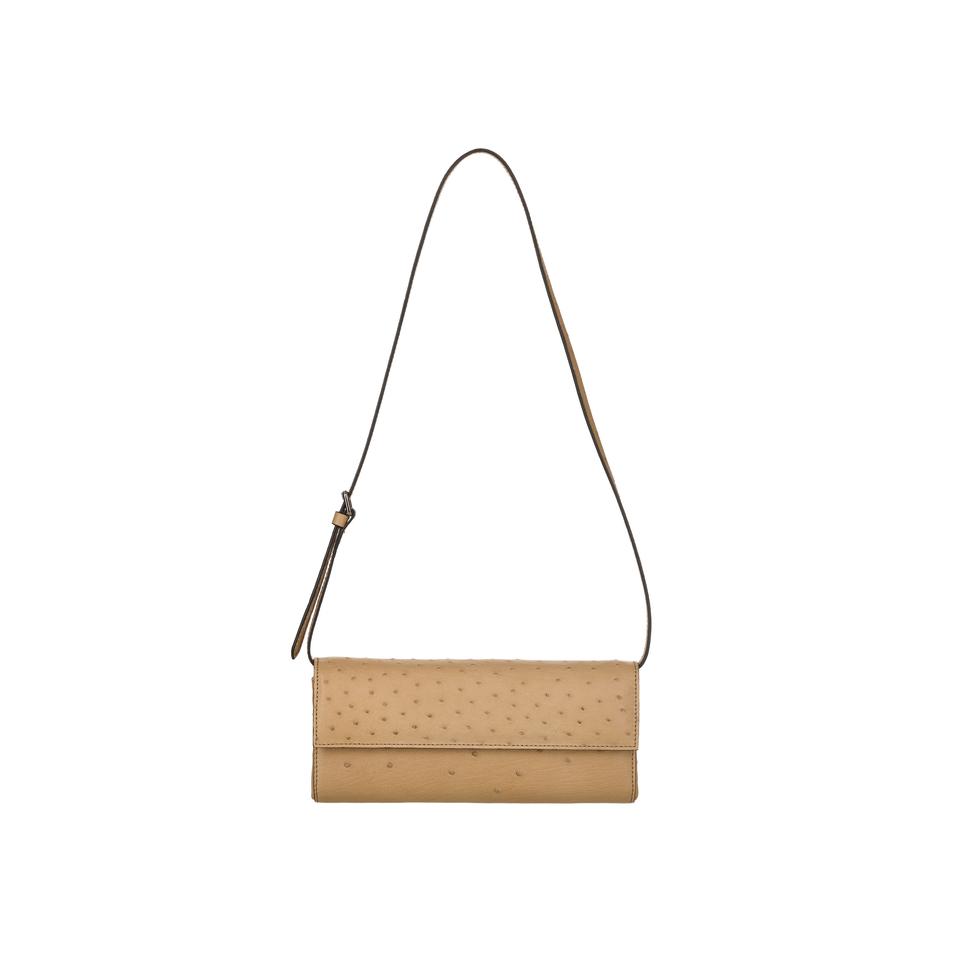 Beige clutch bag with a strap on a white background