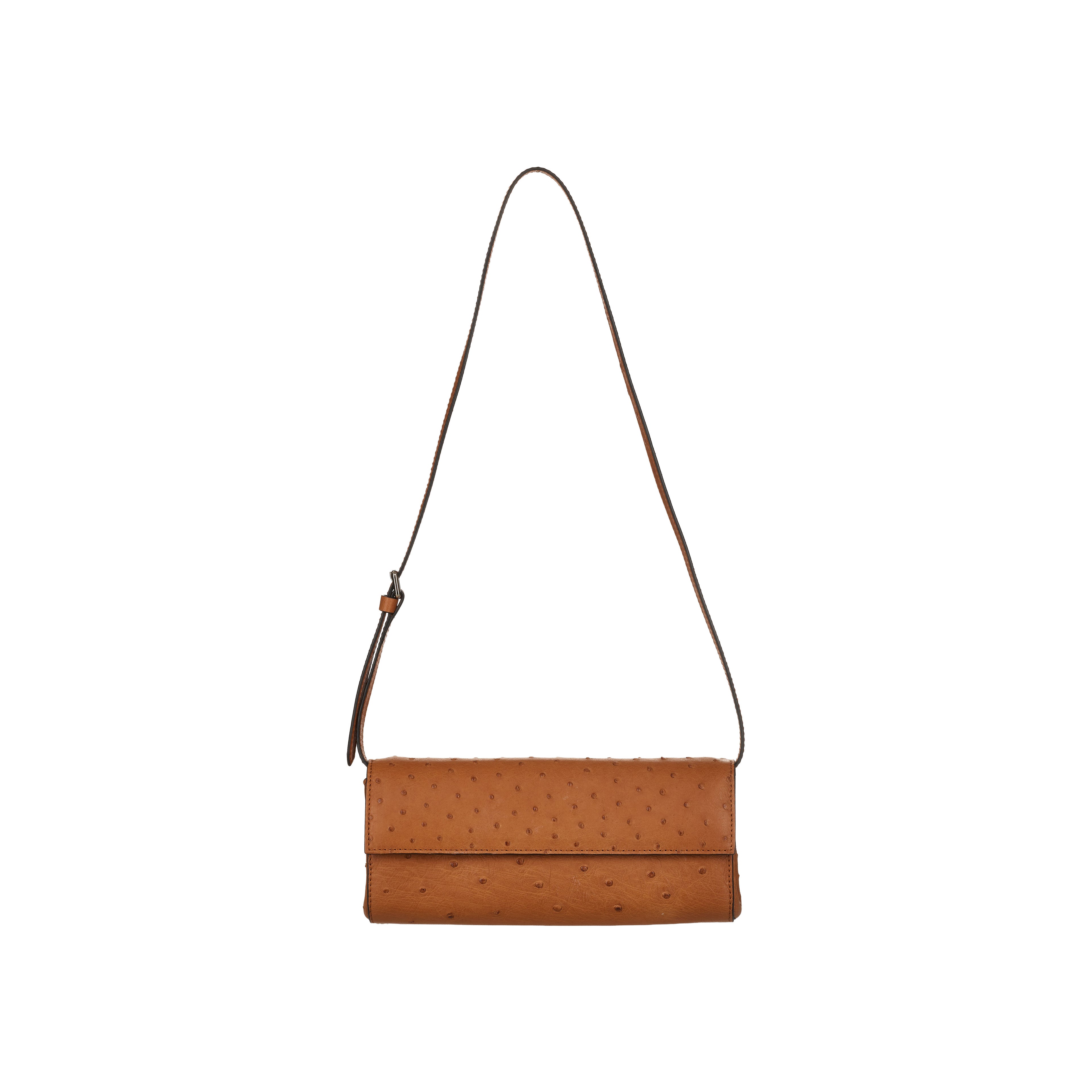 Brown clutch bag with a strap on a white background