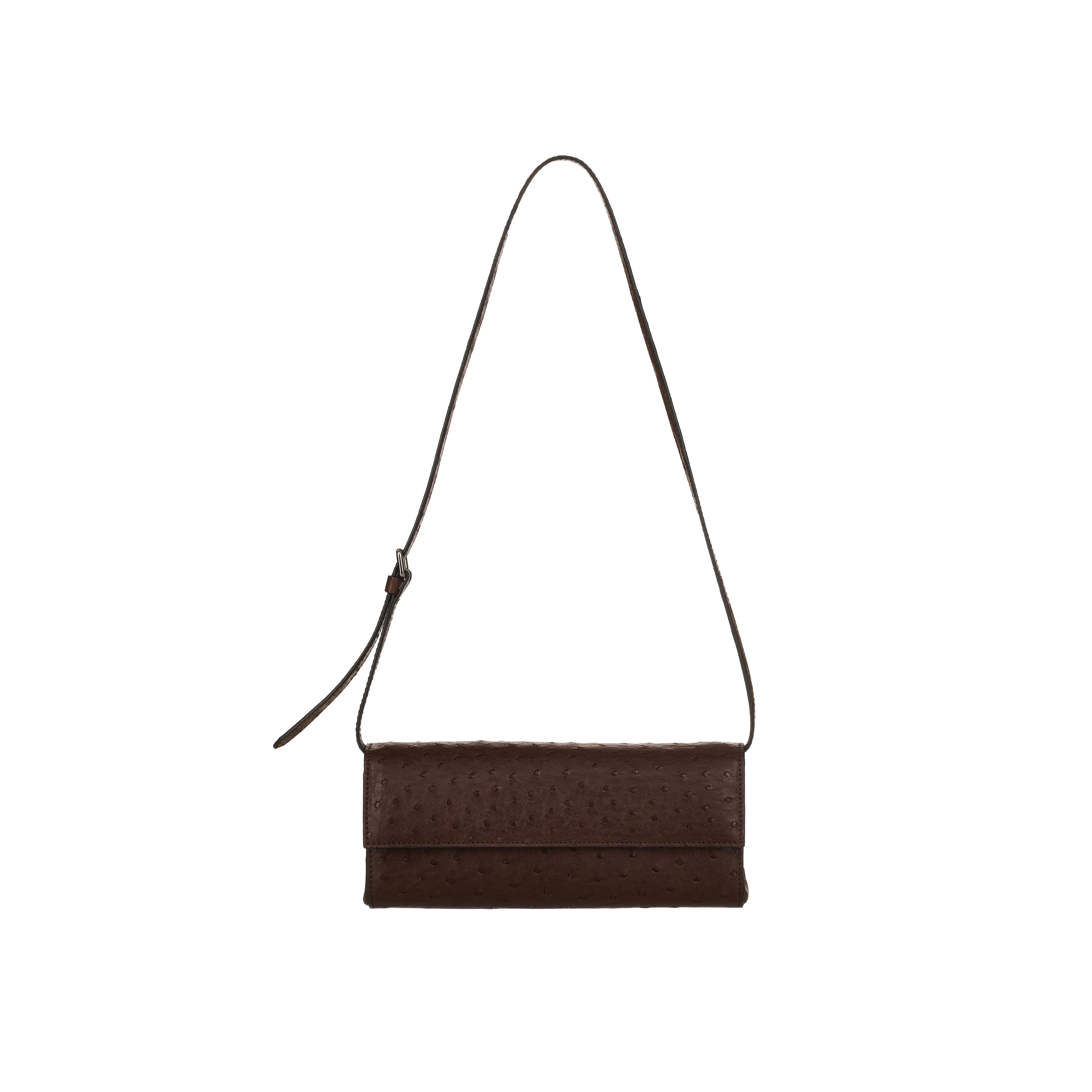 Brown textured clutch bag with a strap on a white background