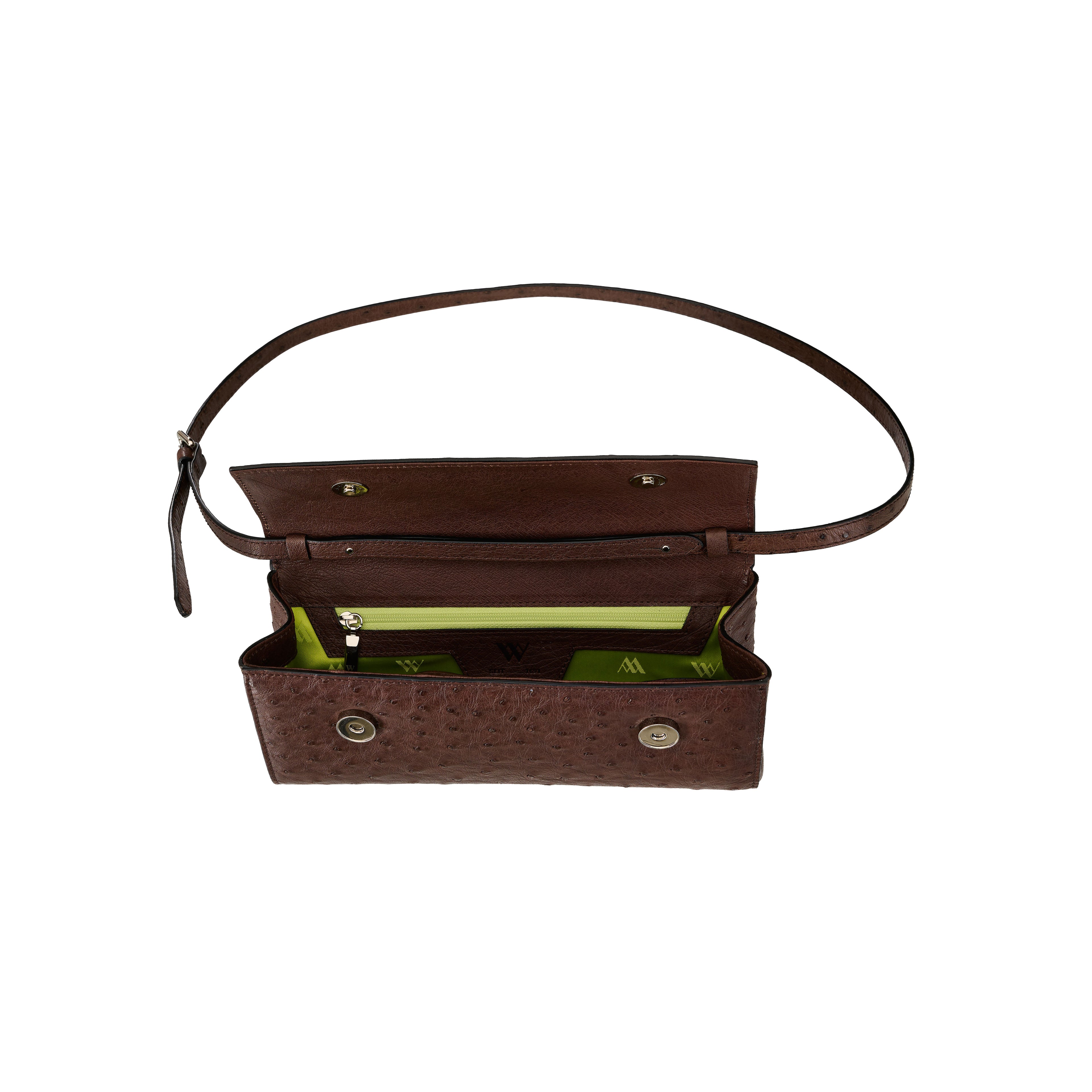 Brown leather handbag with a strap on a white background