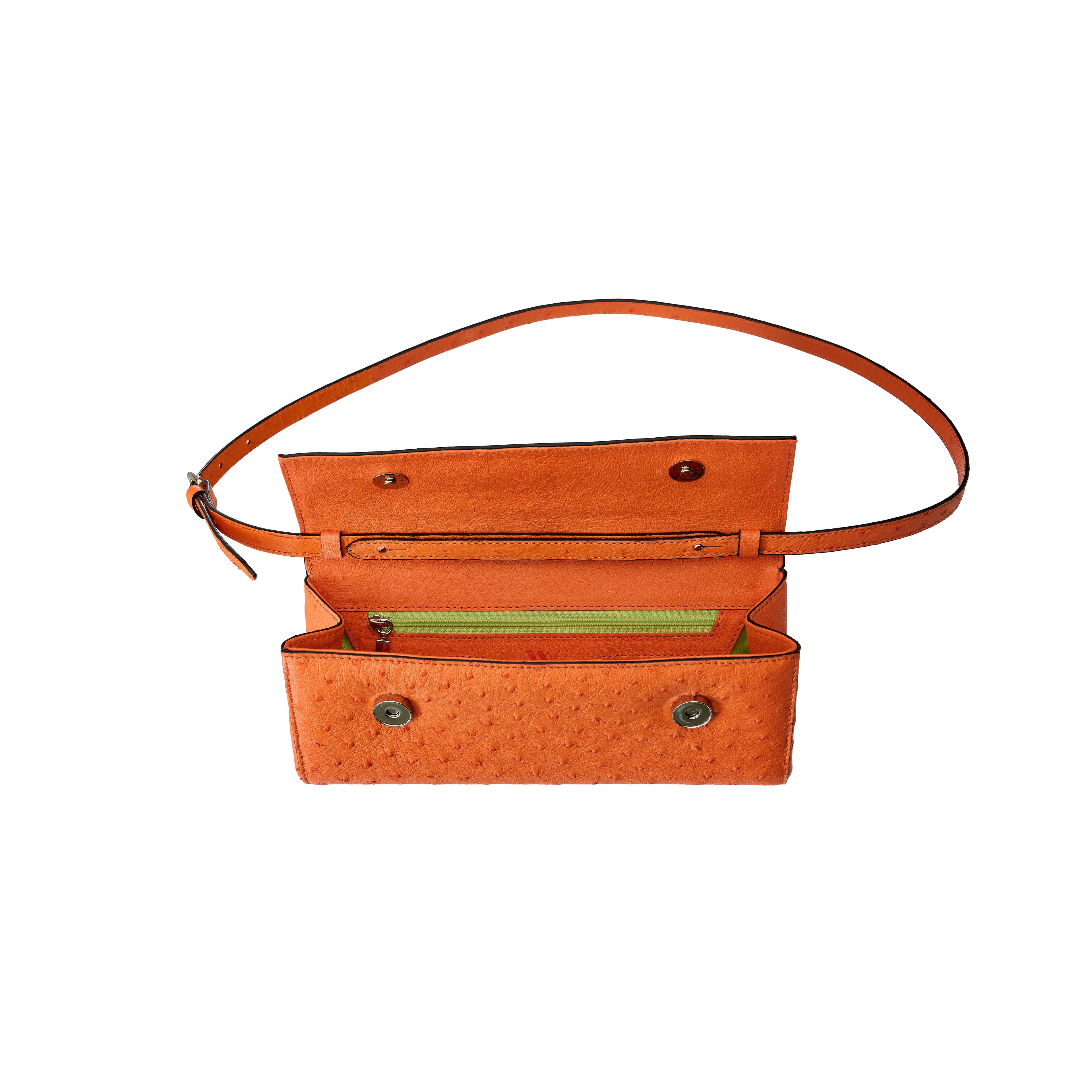 Orange leather handbag with a strap on a white background