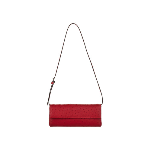 Red clutch bag with a strap on a white background