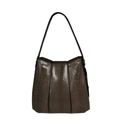 Brown textured handbag on a white background