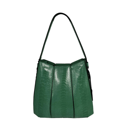 Green textured handbag on a white background