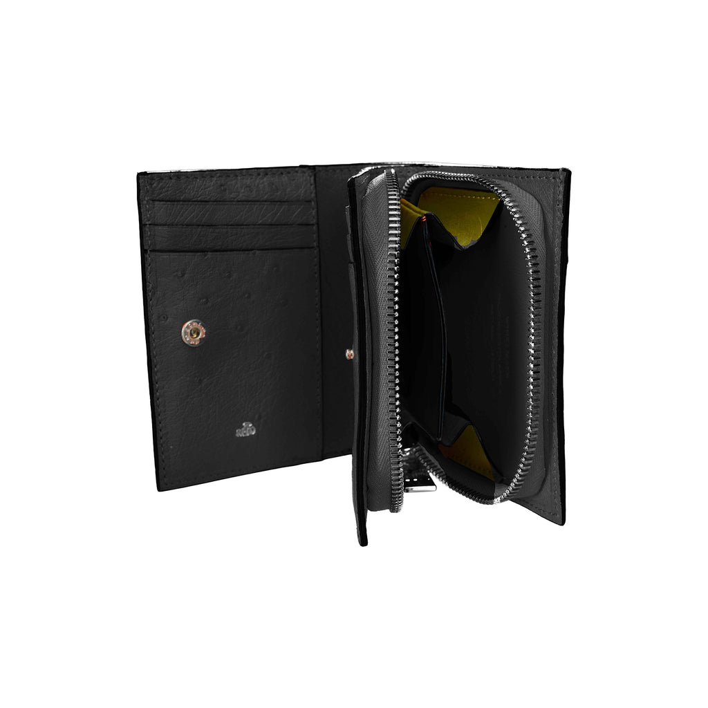 Black leather wallet with open design on a white background