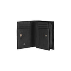 Black leather wallet with card slots and a zipper on a white background