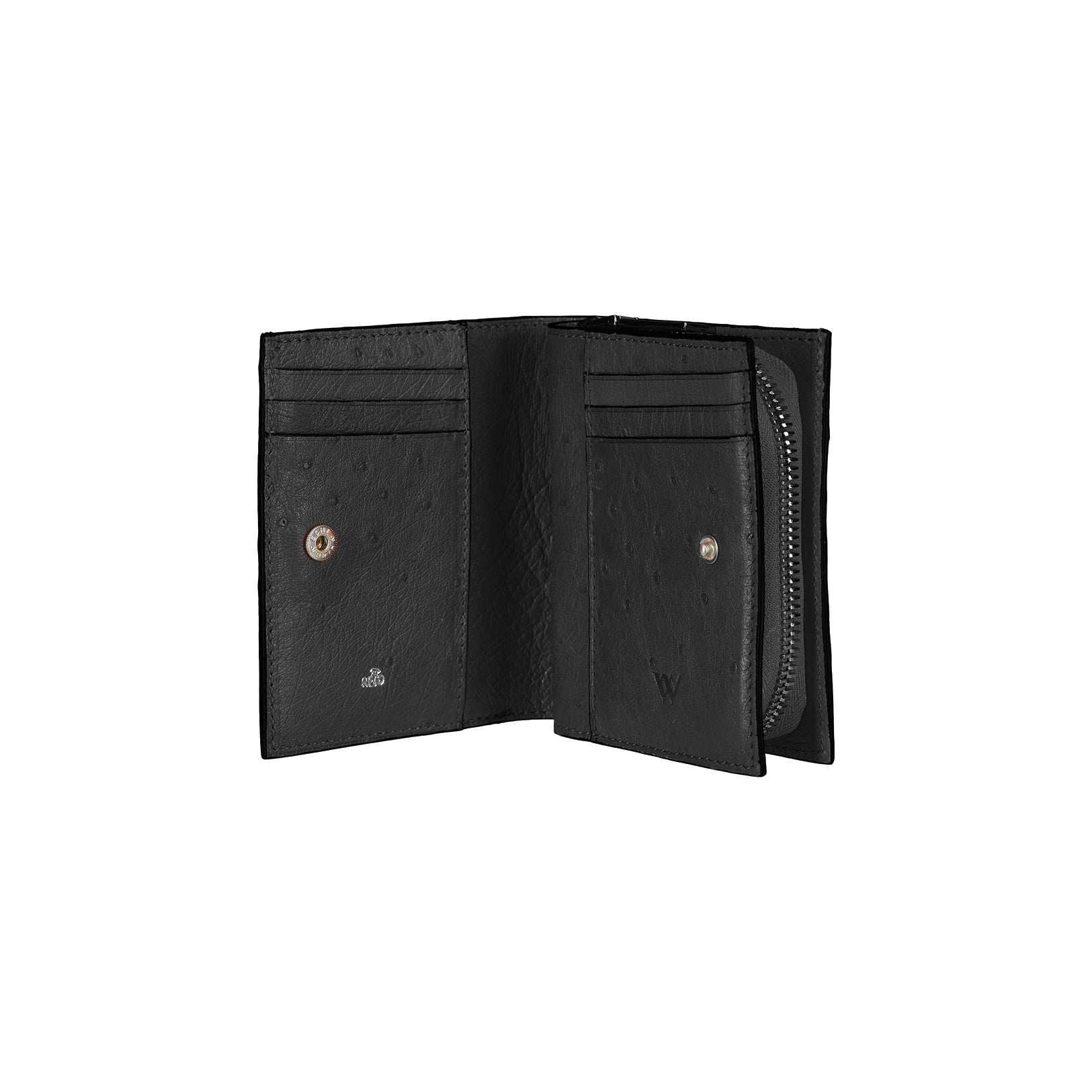 Black leather wallet with card slots and a zipper on a white background