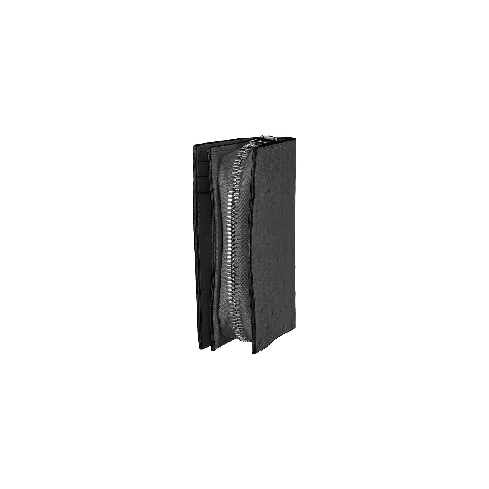 Black leather wallet with a zipper on a white background