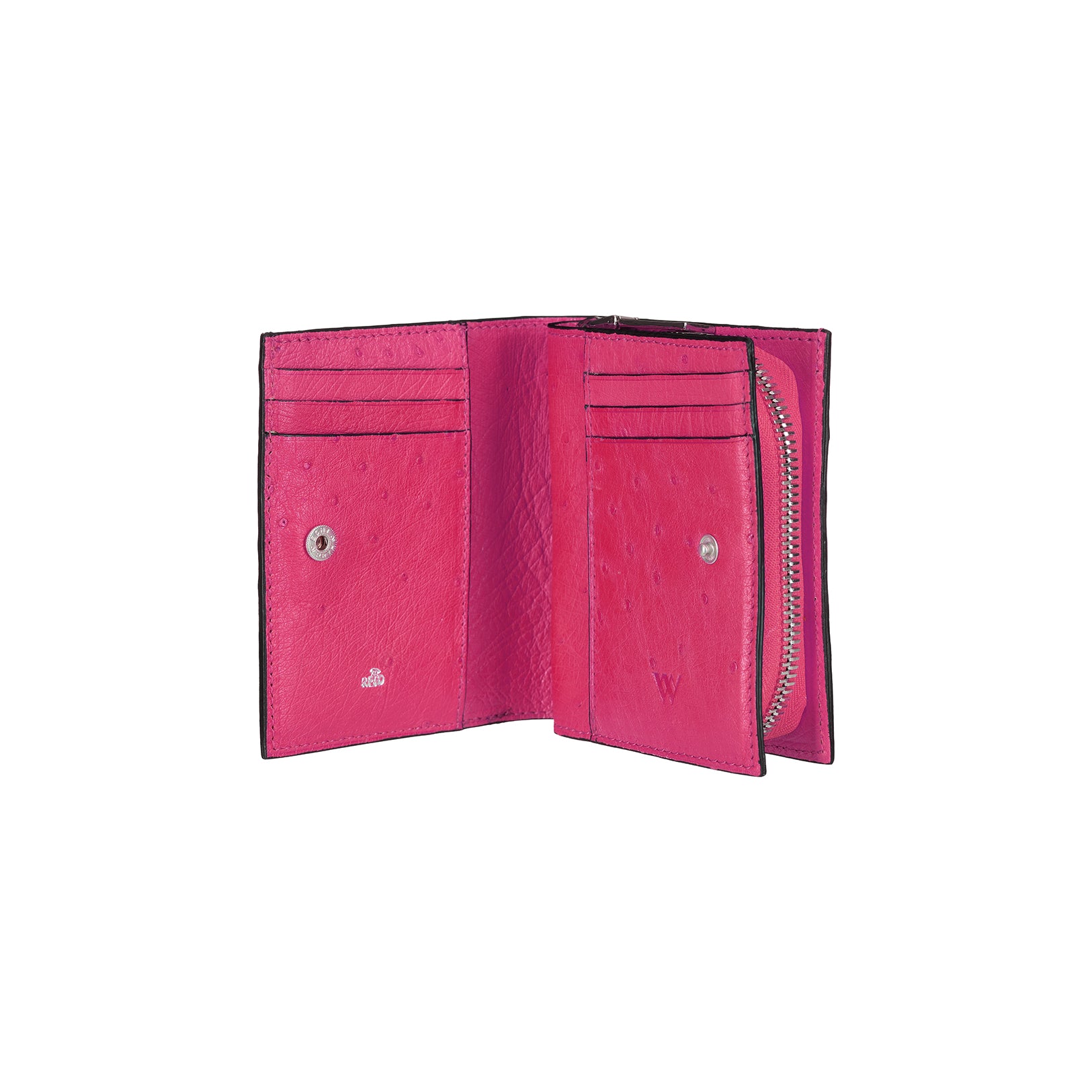 Pink wallet with a chain detail on a white background