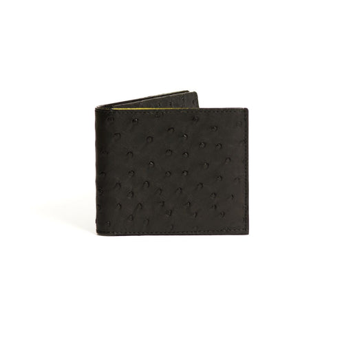 A black leather wallet with a textured pattern on the front and a yellow accent on the back.