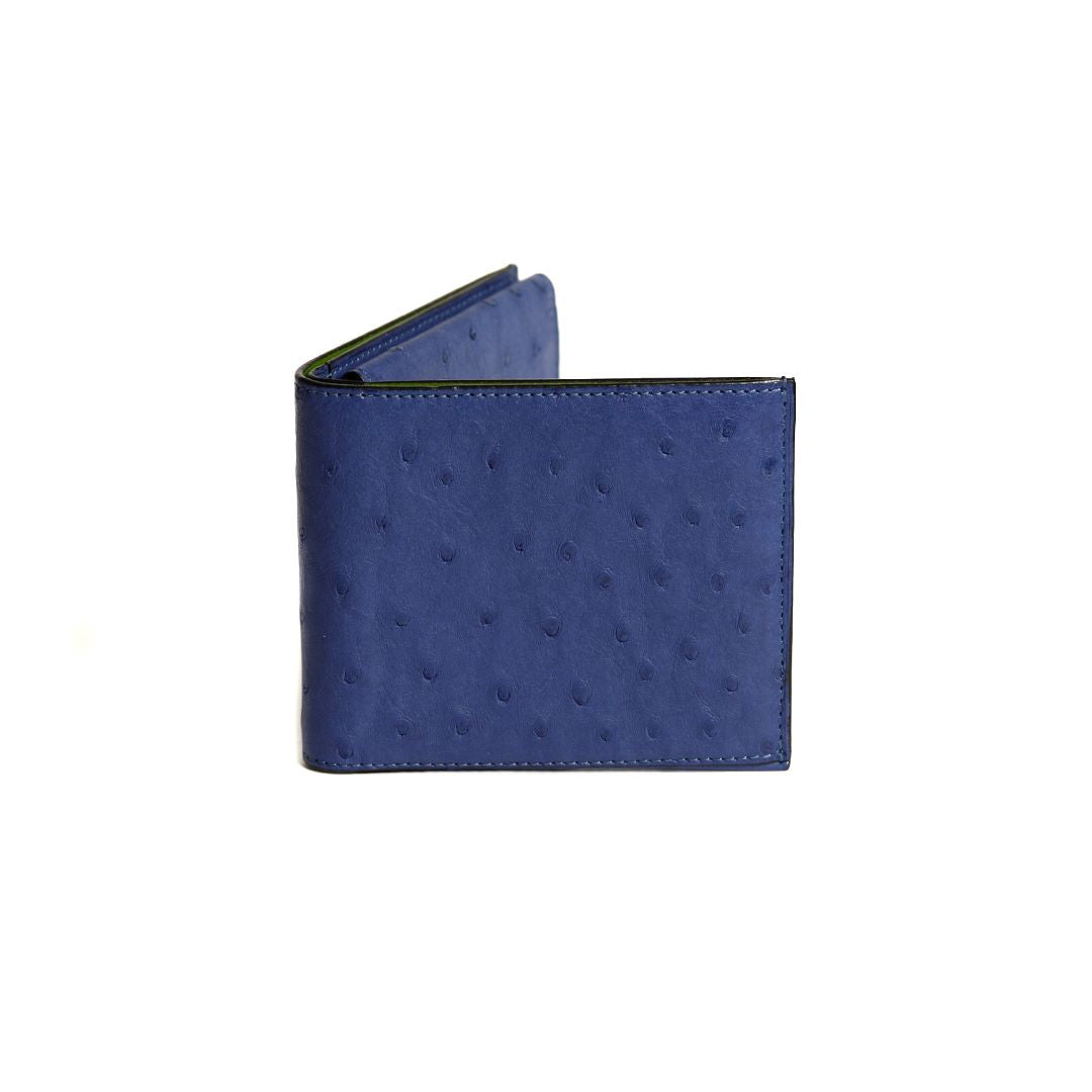 A blue ostrich quill leather wallet with a minimalist design, featuring a front flap and a rear compartment for cards and cash.