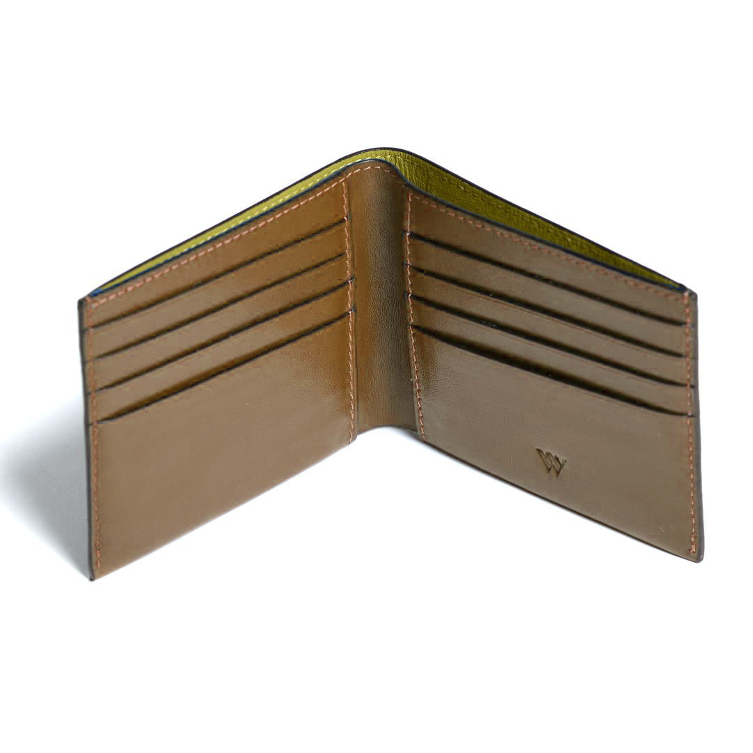 Open beige leather wallet on a white background