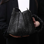 Luna - Black African Ostrich Quill Leather Shoulder Bag