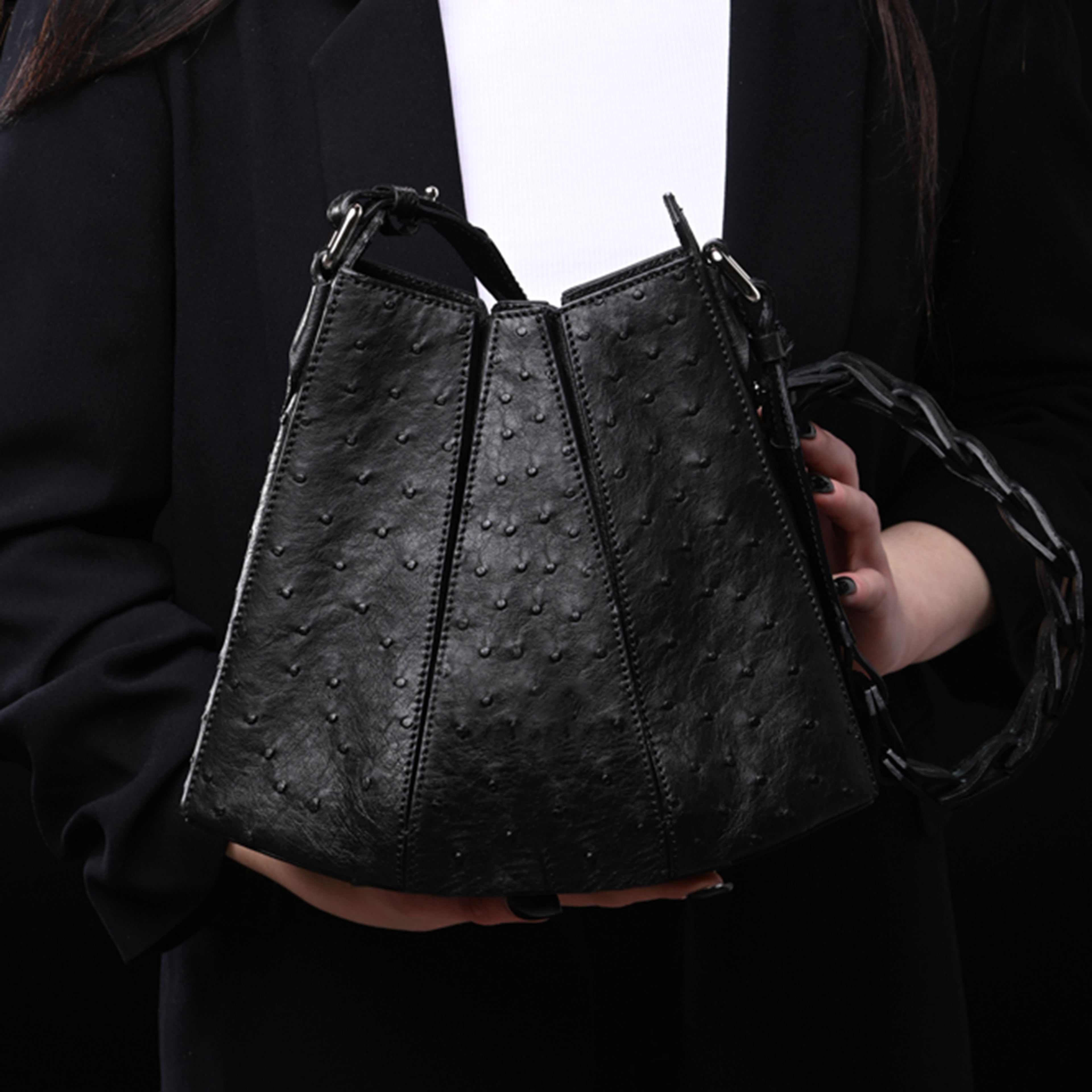 Luna - Black African Ostrich Quill Leather Shoulder Bag