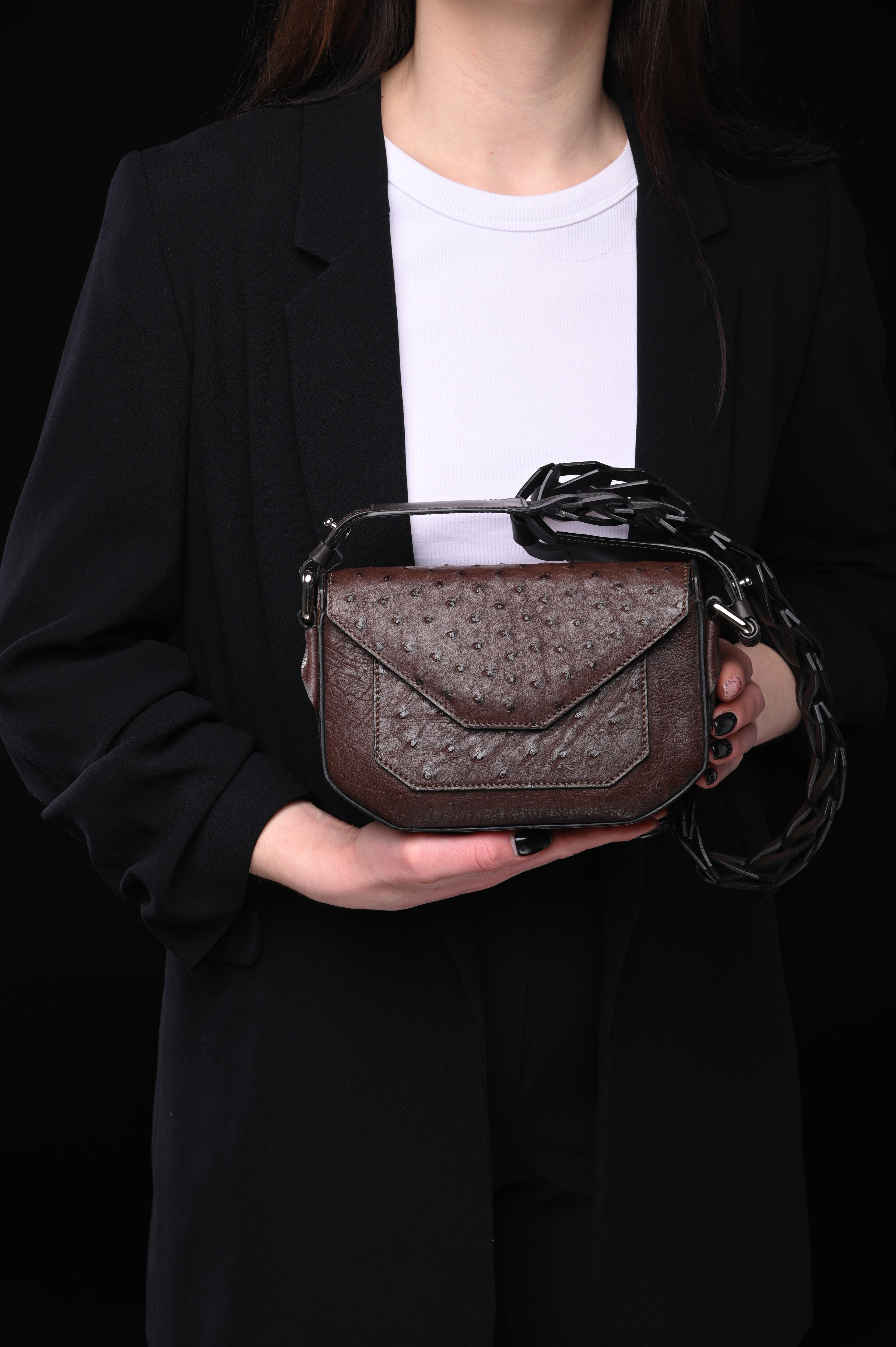 Lee — Dark Brown African Full-Quill Ostrich Leather Shoulder Bag with Adjustable Strap