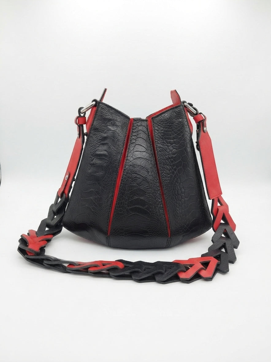 Luna - Black with Red African Ostrich Leg Leather Shoulder Bag