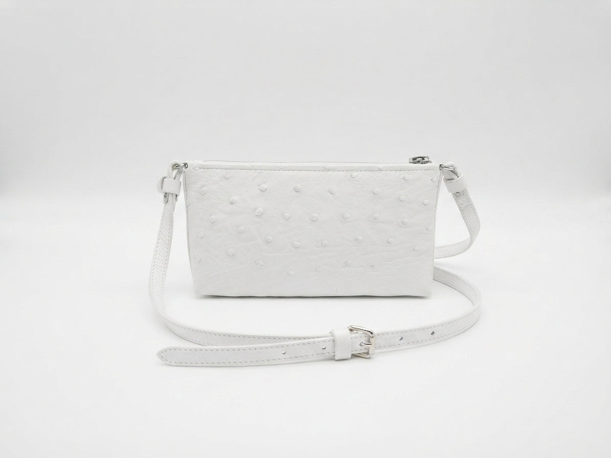 Los Angeles — White African Ostrich Leather Crossbody Purse with Adjustable Strap