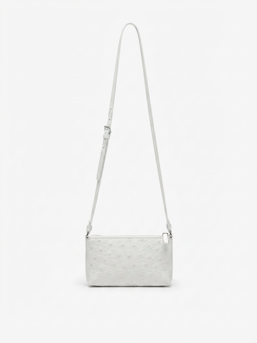 Los Angeles — White African Ostrich Leather Crossbody Purse with Adjustable Strap