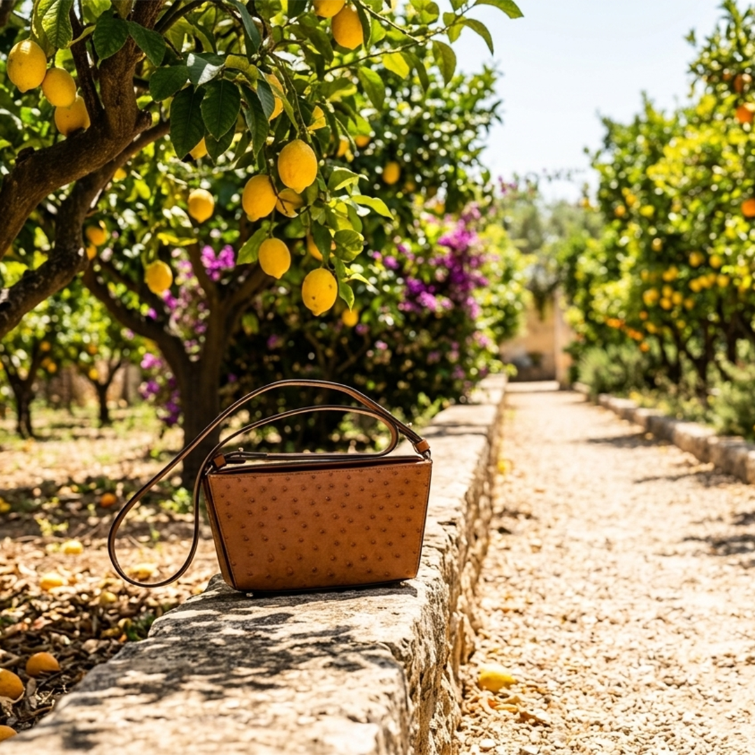 Brown handbag on a stone path in an orchard with lemon trees and flowers.