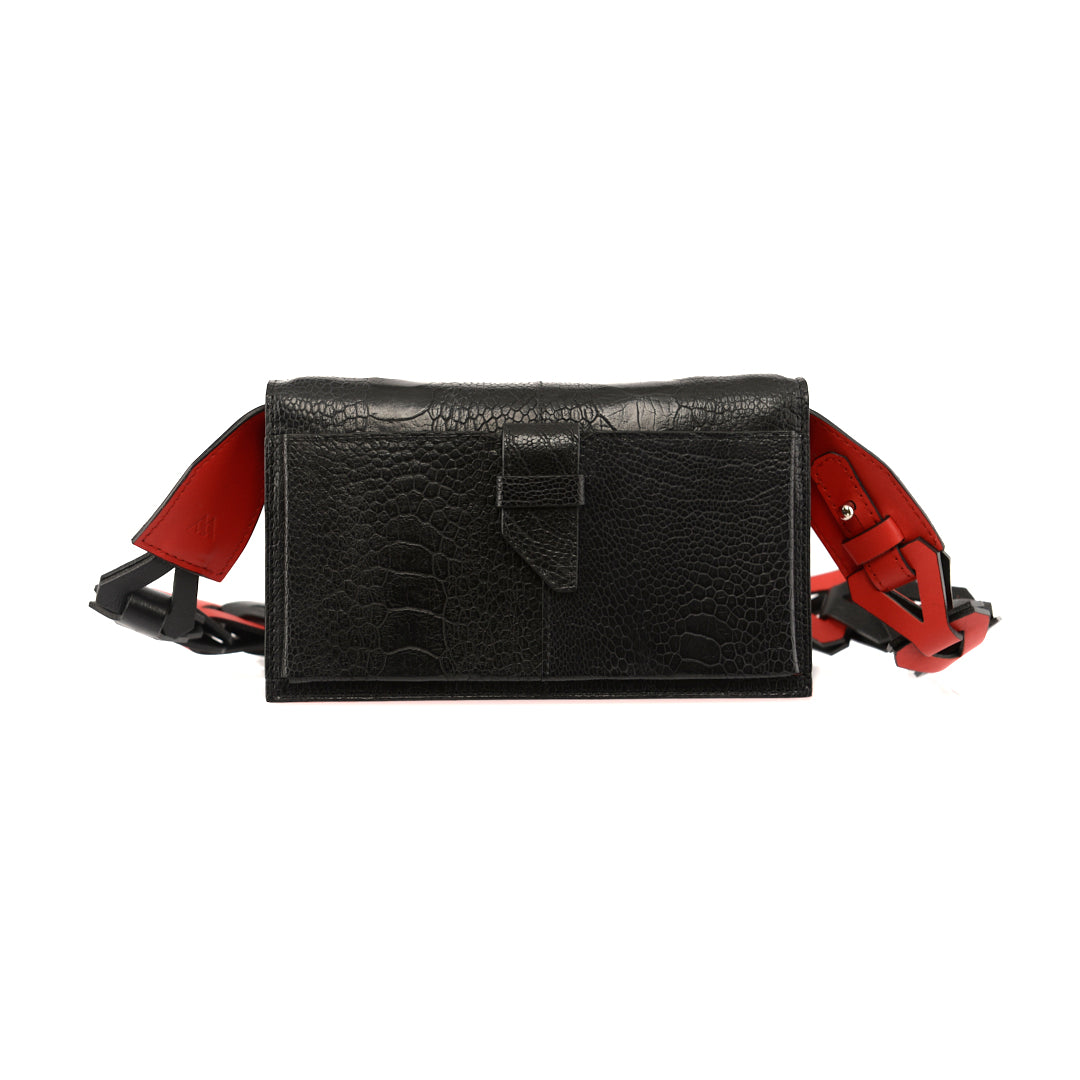 Georgia — Black Limited Edition African Ostrich Leg Leather Clutch Bag with Red Gussets