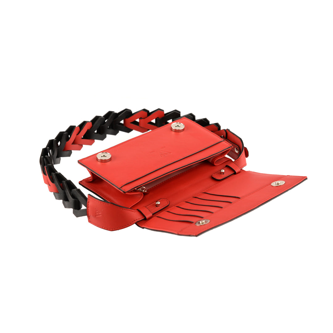 Georgia — Black Limited Edition African Ostrich Leg Leather Clutch Bag with Red Gussets