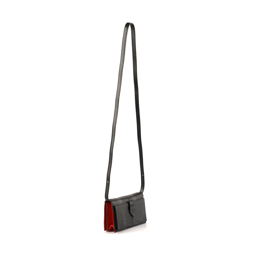 Georgia — Black Limited Edition African Ostrich Leg Leather Clutch Bag with Red Gussets
