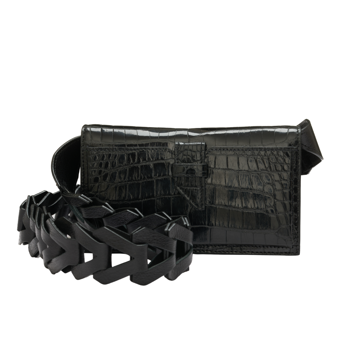 Black crocodile-patterned belt bag with a woven strap on a white background