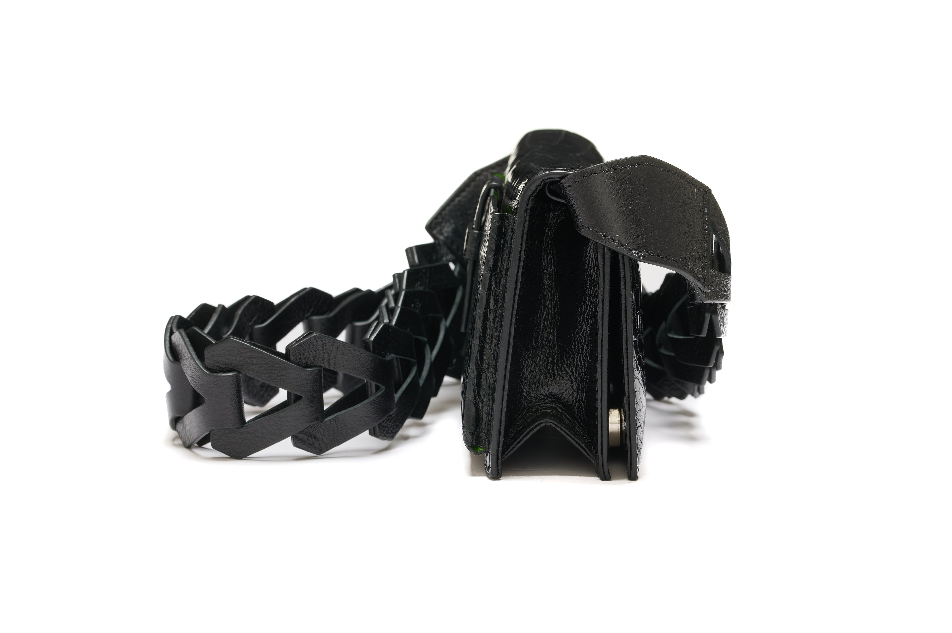 Georgia — Black Nile Crocodile Belly Leather Clutch Bag with Removable Link Strap