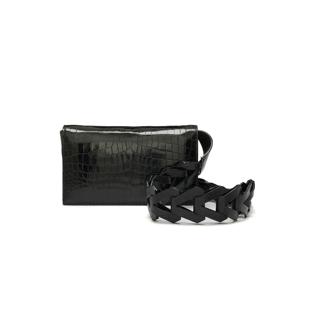 Georgia — Black Nile Crocodile Belly Leather Clutch Bag with Removable Link Strap