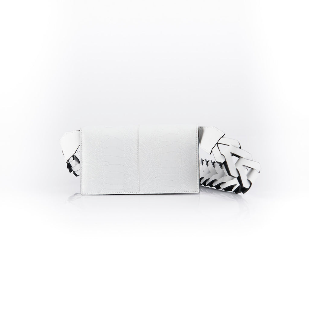 A white luxury leather purse with a geometric pattern, featuring a removable link strap and multiple compartments.