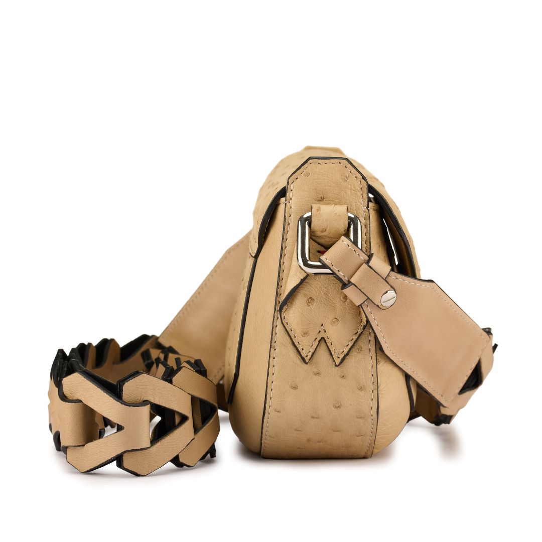 Lee — Beige African Full-Quill Ostrich Leather Shoulder Bag with Adjustable Strap