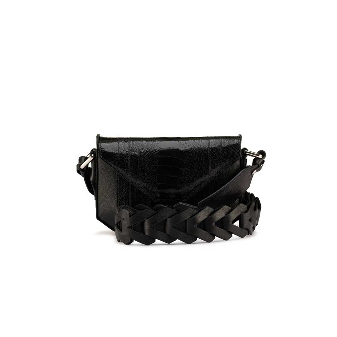 Lee — Black African Ostrich Leg Leather Shoulder Bag with Adjustable Strap
