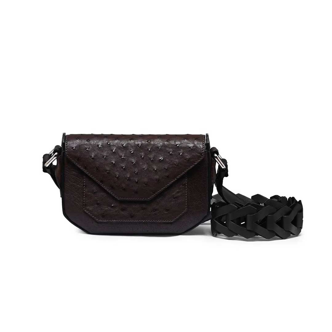 Lee — Dark Brown African Full-Quill Ostrich Leather Shoulder Bag with Adjustable Strap
