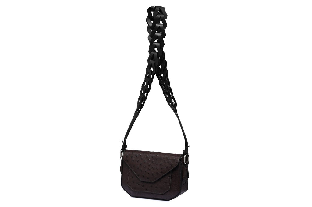 Lee — Dark Brown African Full-Quill Ostrich Leather Shoulder Bag with Adjustable Strap