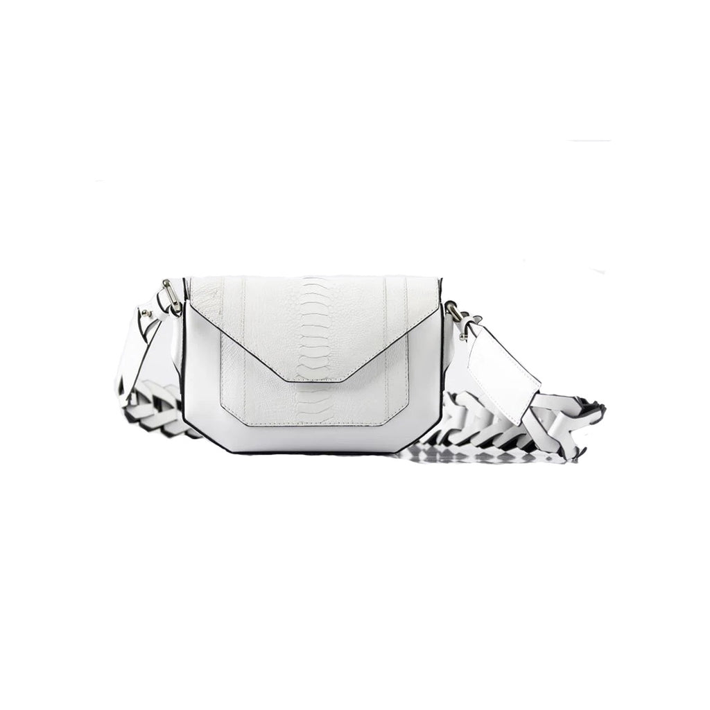 Lee — White African Ostrich Leg Leather Shoulder Bag with Adjustable Strap